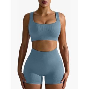 Blue sports bra and bike short set
